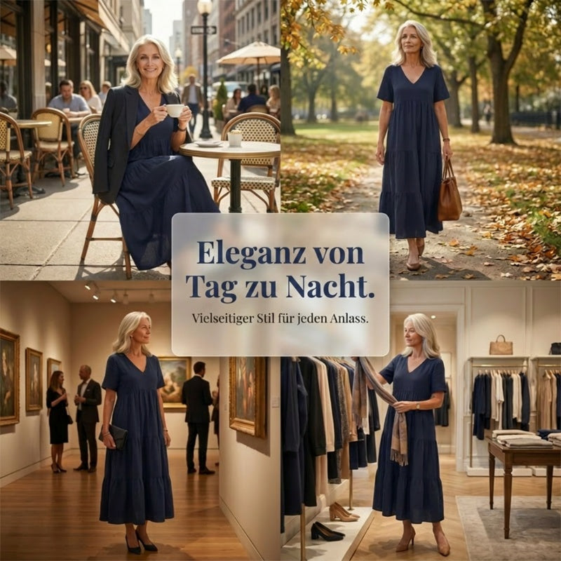 🔥 Letzter Tag! 50% Rabatt Damen Gestuftes Maxikleid mit V-Ausschnitt 💙 Weich luftig & bequem für Alltag