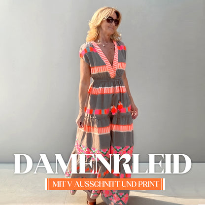 Lässiges Damen V-Ausschnitt Vintage Streifenmuster Ärmelloses Kleid