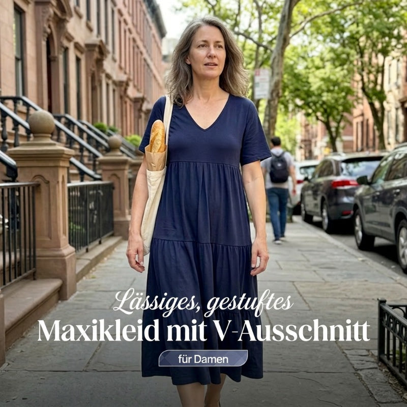 🔥 Letzter Tag! 50% Rabatt Damen Gestuftes Maxikleid mit V-Ausschnitt 💙 Weich luftig & bequem für Alltag