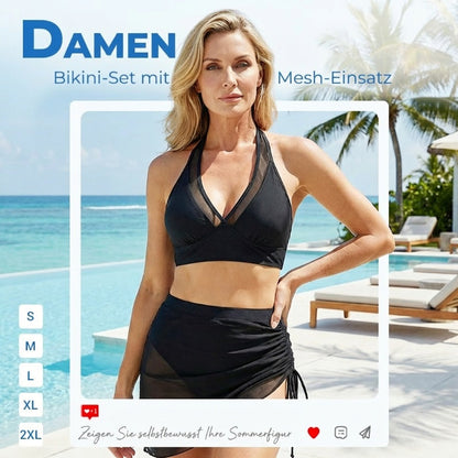 💥🏖️Damen 3-teiliges Bikini-Set mit Mesh-Einsatz – Hochtaillierter Rock-Bikini zum Figurformen für Strand & Pool🌊☀️