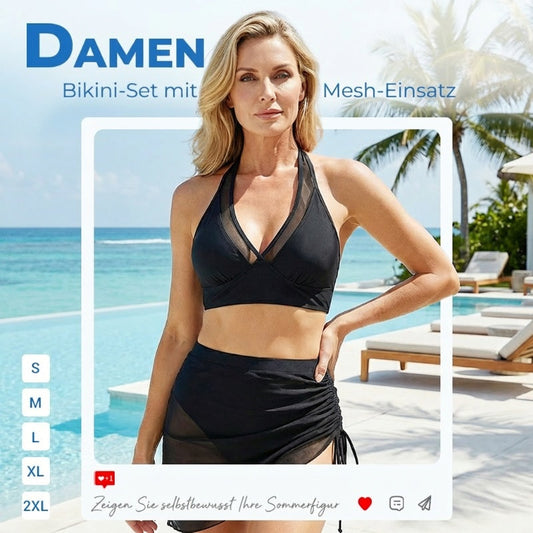 💥🏖️Damen 3-teiliges Bikini-Set mit Mesh-Einsatz – Hochtaillierter Rock-Bikini zum Figurformen für Strand & Pool🌊☀️