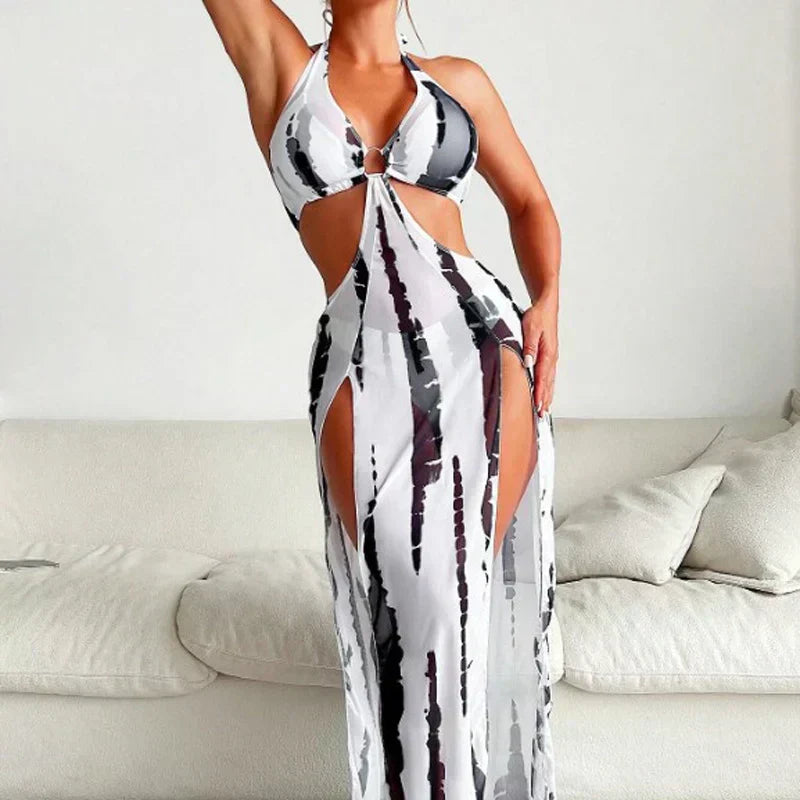 ⏰ Nur noch heute limitierter 55% Rabatt! 👙 2-teiliges Bikini-Set mit transparentem Strand-Maxirock, Ring-Detail am Halsausschnitt, elastischer Stoff, trendiger Schwarz-Weiß Batik Print für Pool, Strand & Sommerurlaub ✨