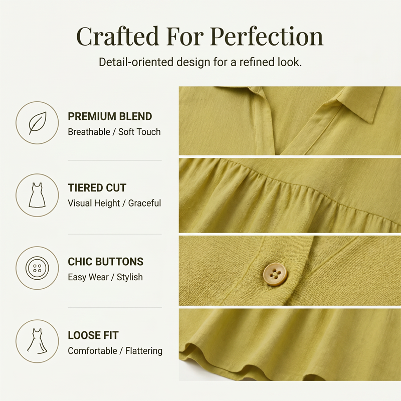 ☀️ 50 % RABATT JETZT! 👗 Damen Baumwoll-Leinen Kleid – Kragen mit Knopfleiste, Stufenrock, locker & atmungsaktiv für den Sommer 💛