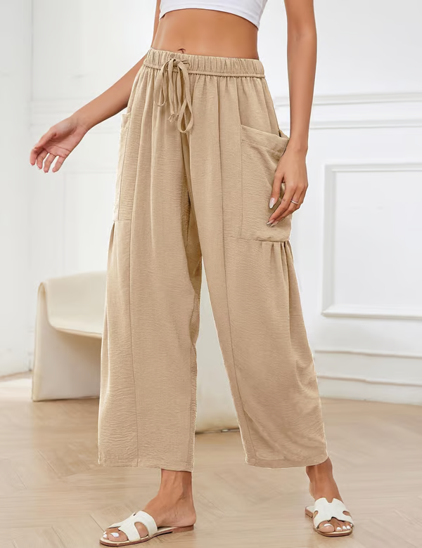 ☀️ 50 % RABATT FÜR BEGRENZTE ZEIT! 👖 Damen Leinen-Optik Weitbein Freizeithose – Elastischer Kordelbund, große Taschen, luftig für Sommer & Urlaub 🤎
