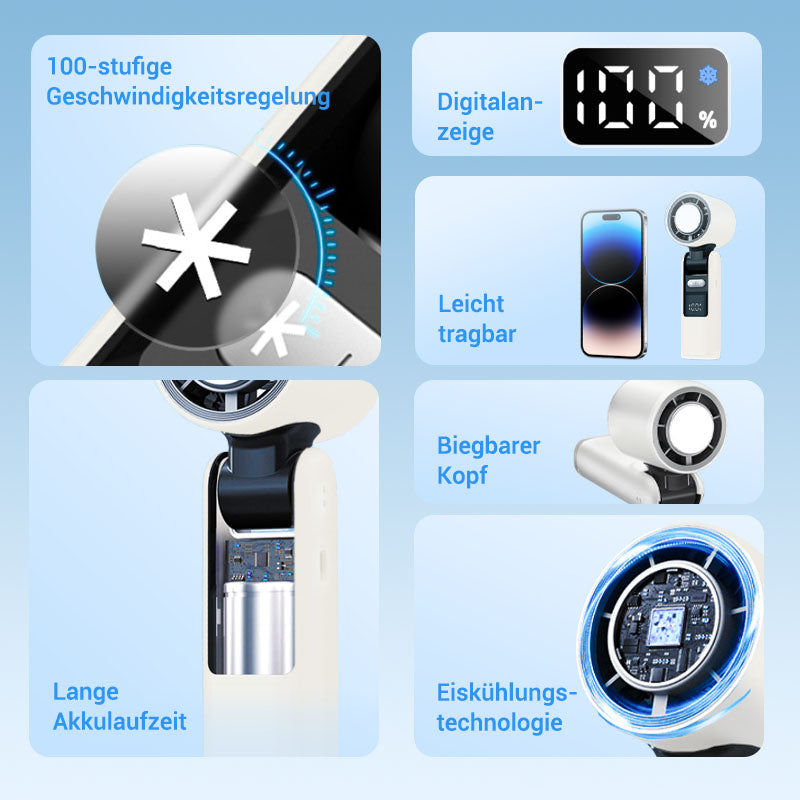 ❄️ SOMMERAKTION -50% NUR KURZE ZEIT! 🧊 Mini Handventilator mit Eiskühlfunktion – 4000mAh Akku, kompakt 183mm, 3 Farben Grau/Rosa/Weiß für Strand, Büro & Unterwegs