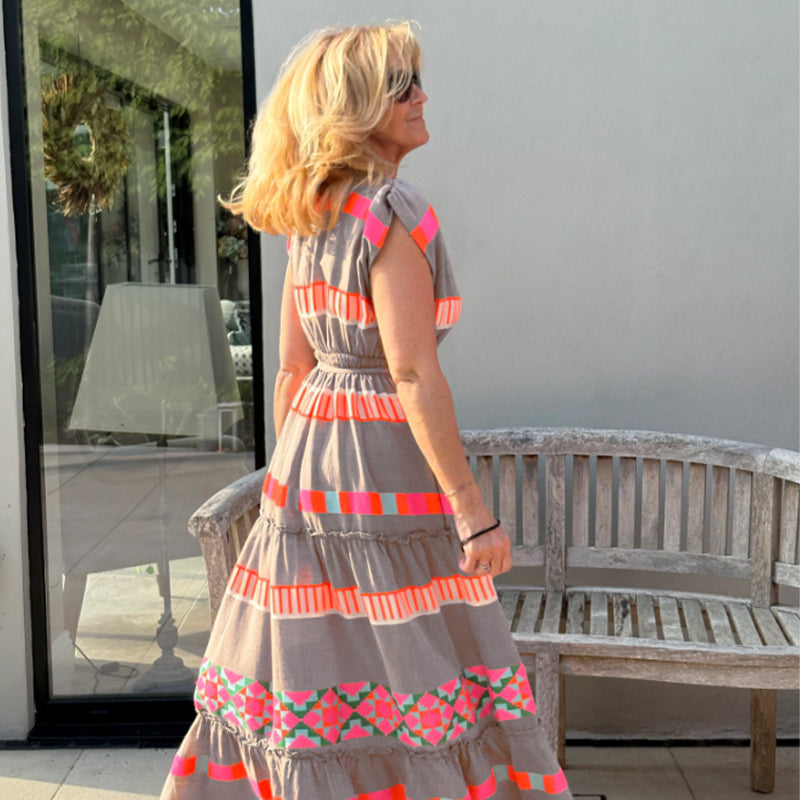 Lässiges Damen V-Ausschnitt Vintage Streifenmuster Ärmelloses Kleid