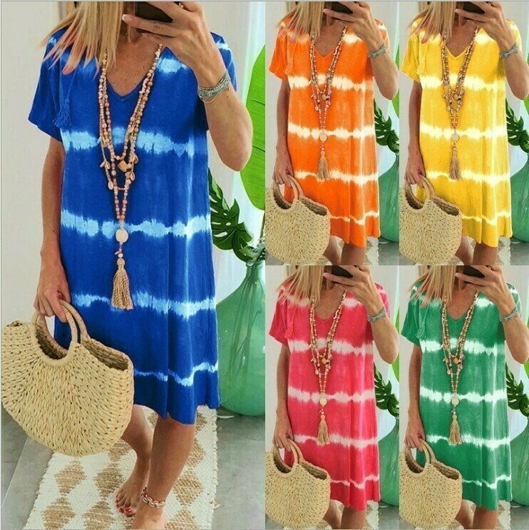 Batik-Streifen Kurzarm Loose T-Shirt-Kleid