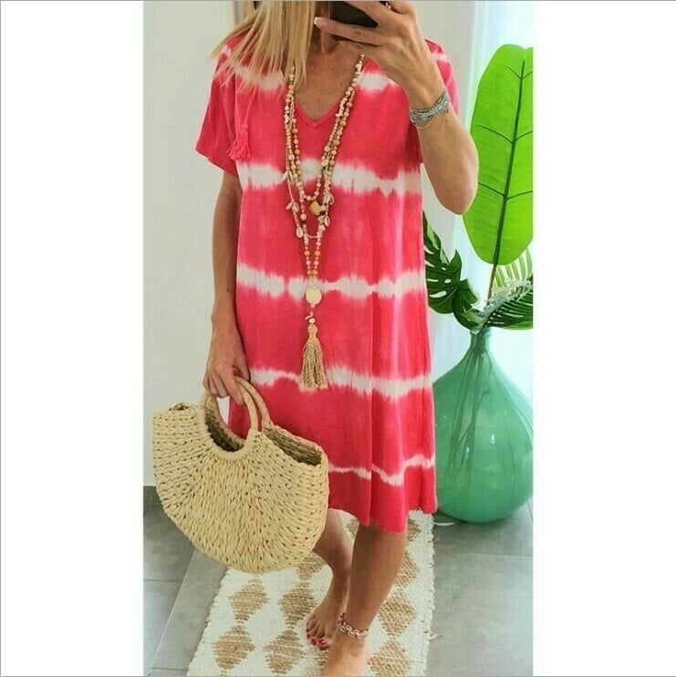 Batik-Streifen Kurzarm Loose T-Shirt-Kleid