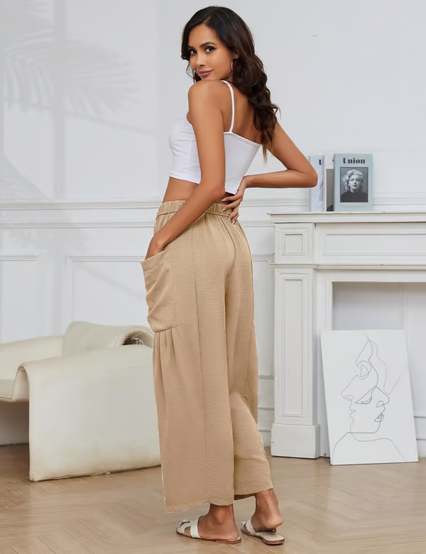 ☀️ 50 % RABATT FÜR BEGRENZTE ZEIT! 👖 Damen Leinen-Optik Weitbein Freizeithose – Elastischer Kordelbund, große Taschen, luftig für Sommer & Urlaub 🤎