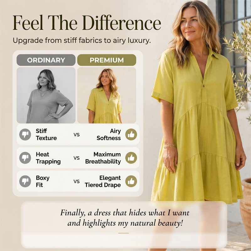 ☀️ 50 % RABATT JETZT! 👗 Damen Baumwoll-Leinen Kleid – Kragen mit Knopfleiste, Stufenrock, locker & atmungsaktiv für den Sommer 💛