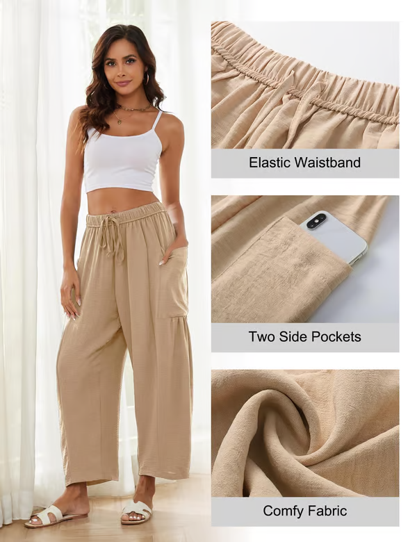 ☀️ 50 % RABATT FÜR BEGRENZTE ZEIT! 👖 Damen Leinen-Optik Weitbein Freizeithose – Elastischer Kordelbund, große Taschen, luftig für Sommer & Urlaub 🤎