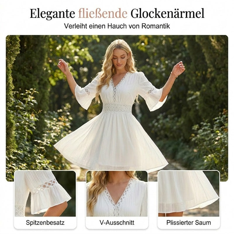 🌸 50 % RABATT FÜR BEGRENZTE ZEIT! 👗 Weißes Urlaubskleid mit V-Ausschnitt & Lochstickerei – Glockenärmel, taillierter Spitzenbund, luftig für Strand, Hochzeit & romantische Dinner