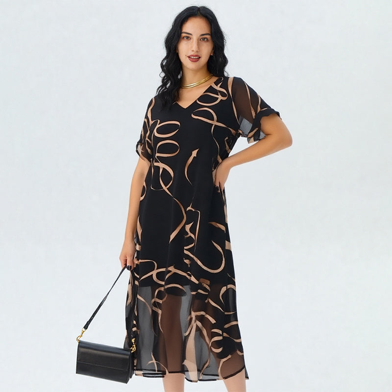 🔥 Letzter Tag! 50% Rabatt Damen V-Ausschnitt Midi-Kleid mit Schlitz ✨ Fließendes figurfreundliches Kleid für Alltag & besondere Anlässe