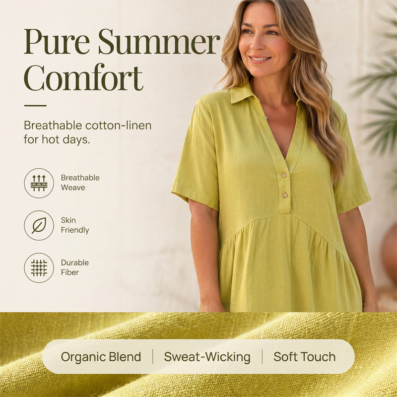 ☀️ 50 % RABATT JETZT! 👗 Damen Baumwoll-Leinen Kleid – Kragen mit Knopfleiste, Stufenrock, locker & atmungsaktiv für den Sommer 💛