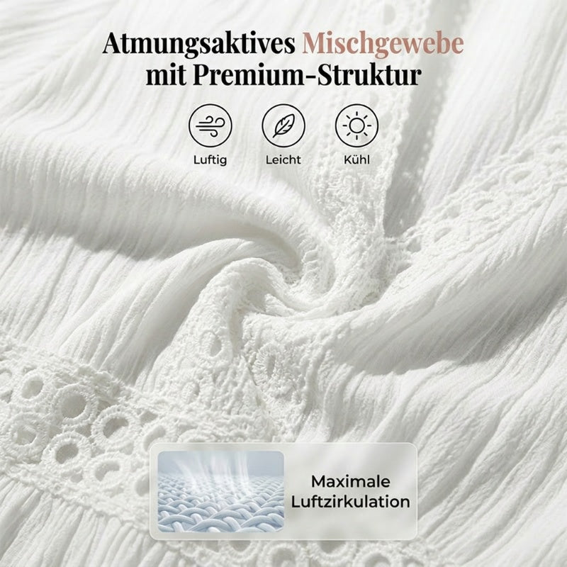 🌸 50 % RABATT FÜR BEGRENZTE ZEIT! 👗 Weißes Urlaubskleid mit V-Ausschnitt & Lochstickerei – Glockenärmel, taillierter Spitzenbund, luftig für Strand, Hochzeit & romantische Dinner