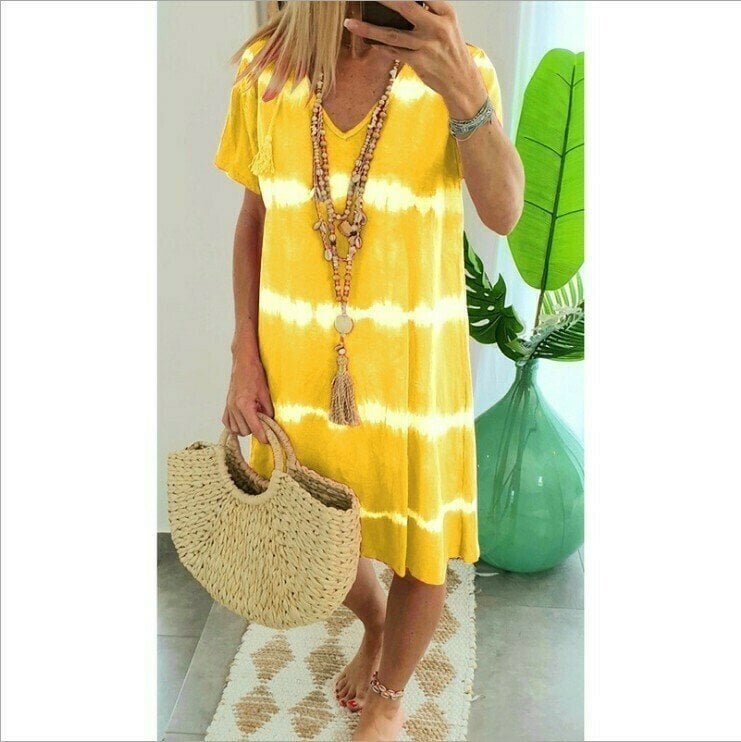 🔥 Letzter Tag! 50% Rabatt Damen Batik-Streifen T-Shirt Kleid 🌴 Lockeres luftiges Freizeitkleid für Sommer & Urlaub