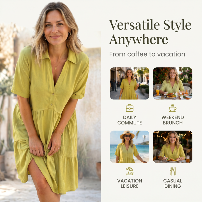 ☀️ 50 % RABATT JETZT! 👗 Damen Baumwoll-Leinen Kleid – Kragen mit Knopfleiste, Stufenrock, locker & atmungsaktiv für den Sommer 💛