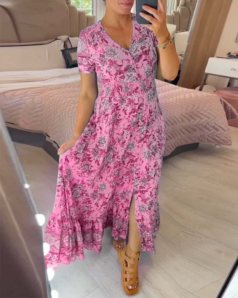 💃Heiss 50% Rabatt🔥Kostenloser Versand - Bequemes V-Ausschnitt Blumenkleid🌷