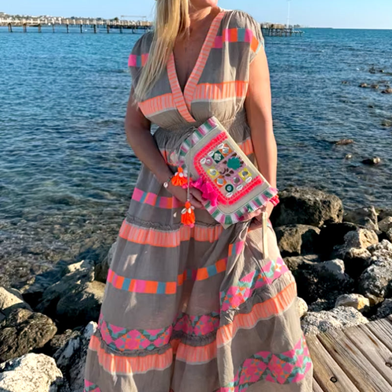 Lässiges Damen V-Ausschnitt Vintage Streifenmuster Ärmelloses Kleid