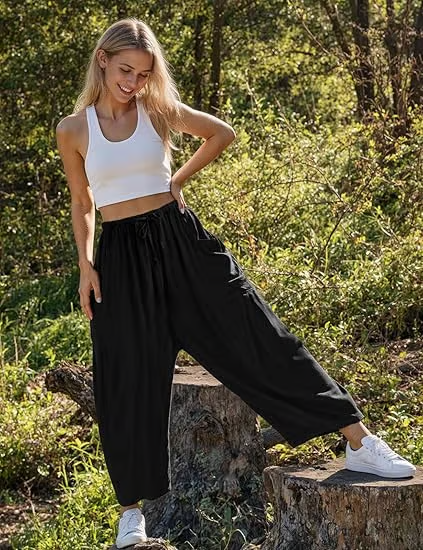 ☀️ 50 % RABATT FÜR BEGRENZTE ZEIT! 👖 Damen Leinen-Optik Weitbein Freizeithose – Elastischer Kordelbund, große Taschen, luftig für Sommer & Urlaub 🤎