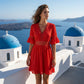🌸 50 % RABATT FÜR BEGRENZTE ZEIT! 👗 Weißes Urlaubskleid mit V-Ausschnitt & Lochstickerei – Glockenärmel, taillierter Spitzenbund, luftig für Strand, Hochzeit & romantische Dinner