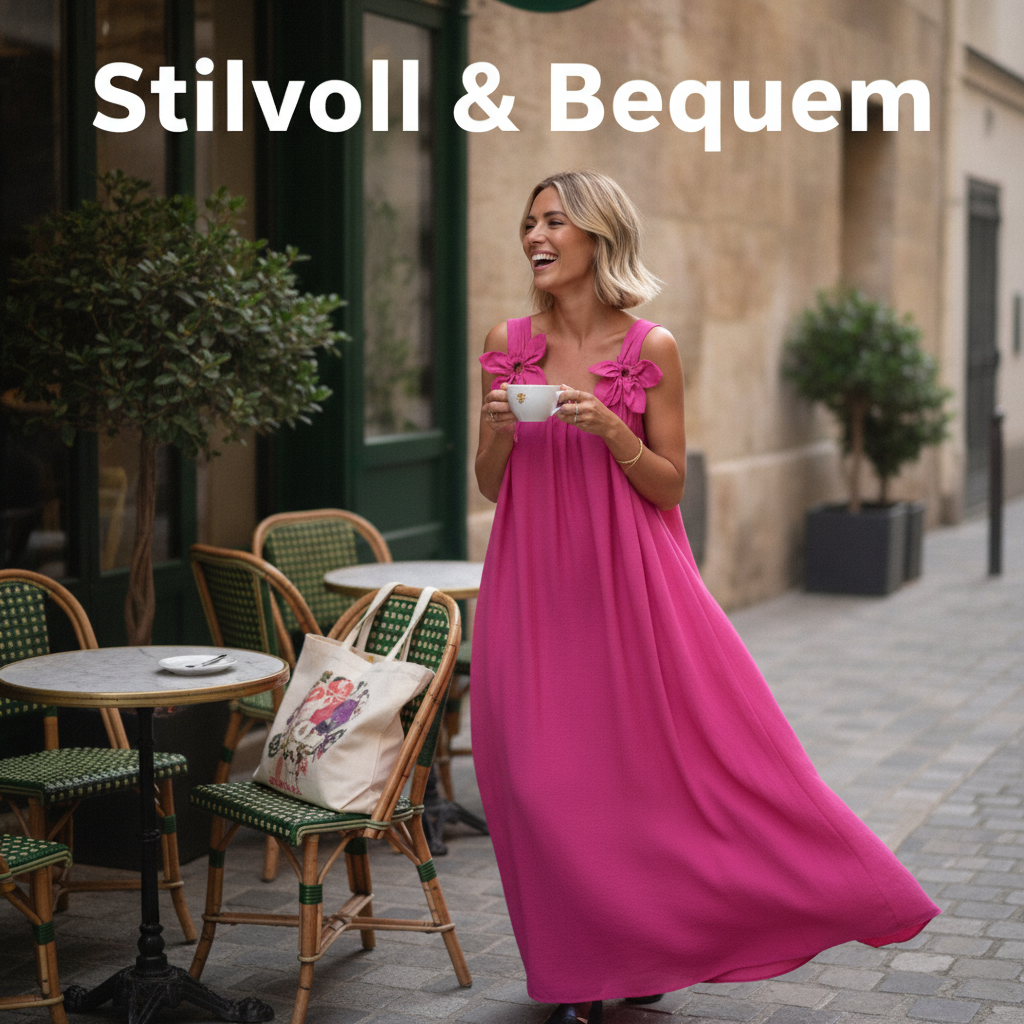 👗 Figurfreundliches Sommer-Maxikleid ✨ Lockerer A-Linien-Schnitt mit Blumenapplikationen & Trägern