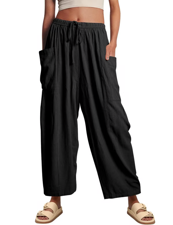 ☀️ 50 % RABATT FÜR BEGRENZTE ZEIT! 👖 Damen Leinen-Optik Weitbein Freizeithose – Elastischer Kordelbund, große Taschen, luftig für Sommer & Urlaub 🤎