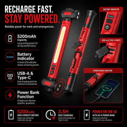 🔦 Oppladbar LED-arbeidslampe – 3000 LM magnetisk bærbar verkstedlampe med 360° rotasjon og powerbank-funksjon