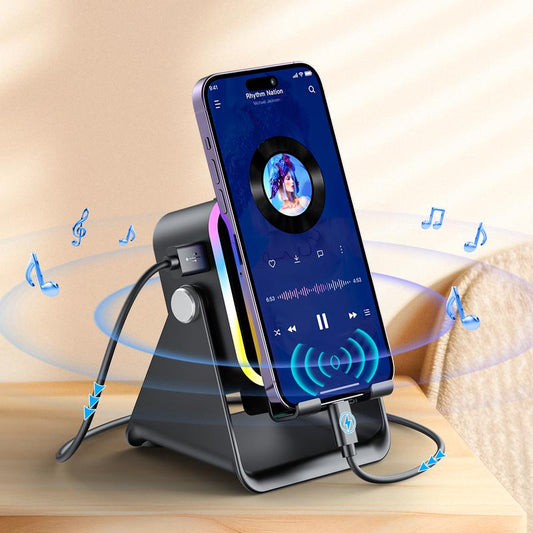 5-i-1 trådløs Bluetooth-høyttaler med induksjonsfunksjon og justerbar mobiltelefonholder