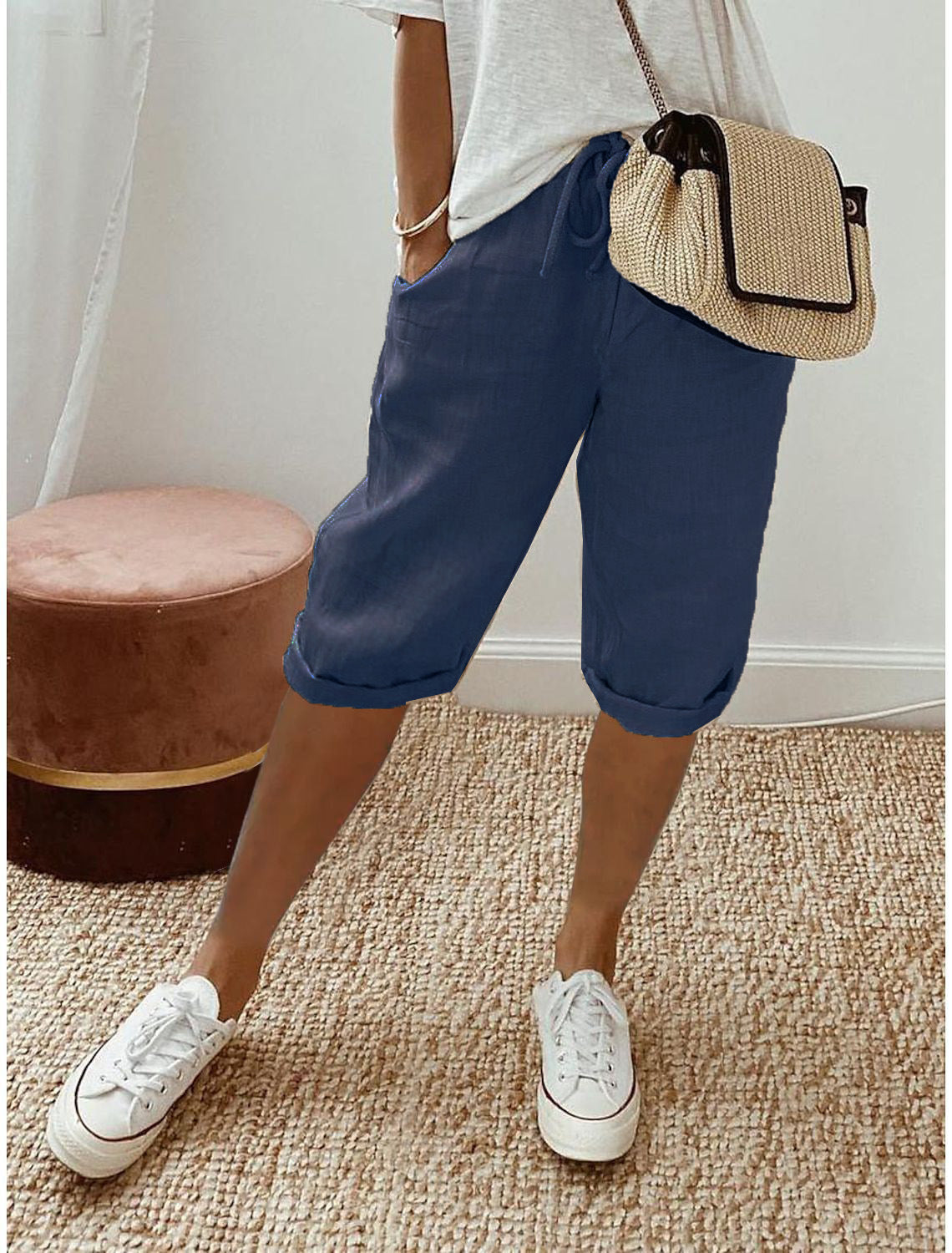 🔥 2026 NEU! Lässige Caprihosen aus Baumwoll-Leinen – Verstellbarer Bund & tiefe Taschen!