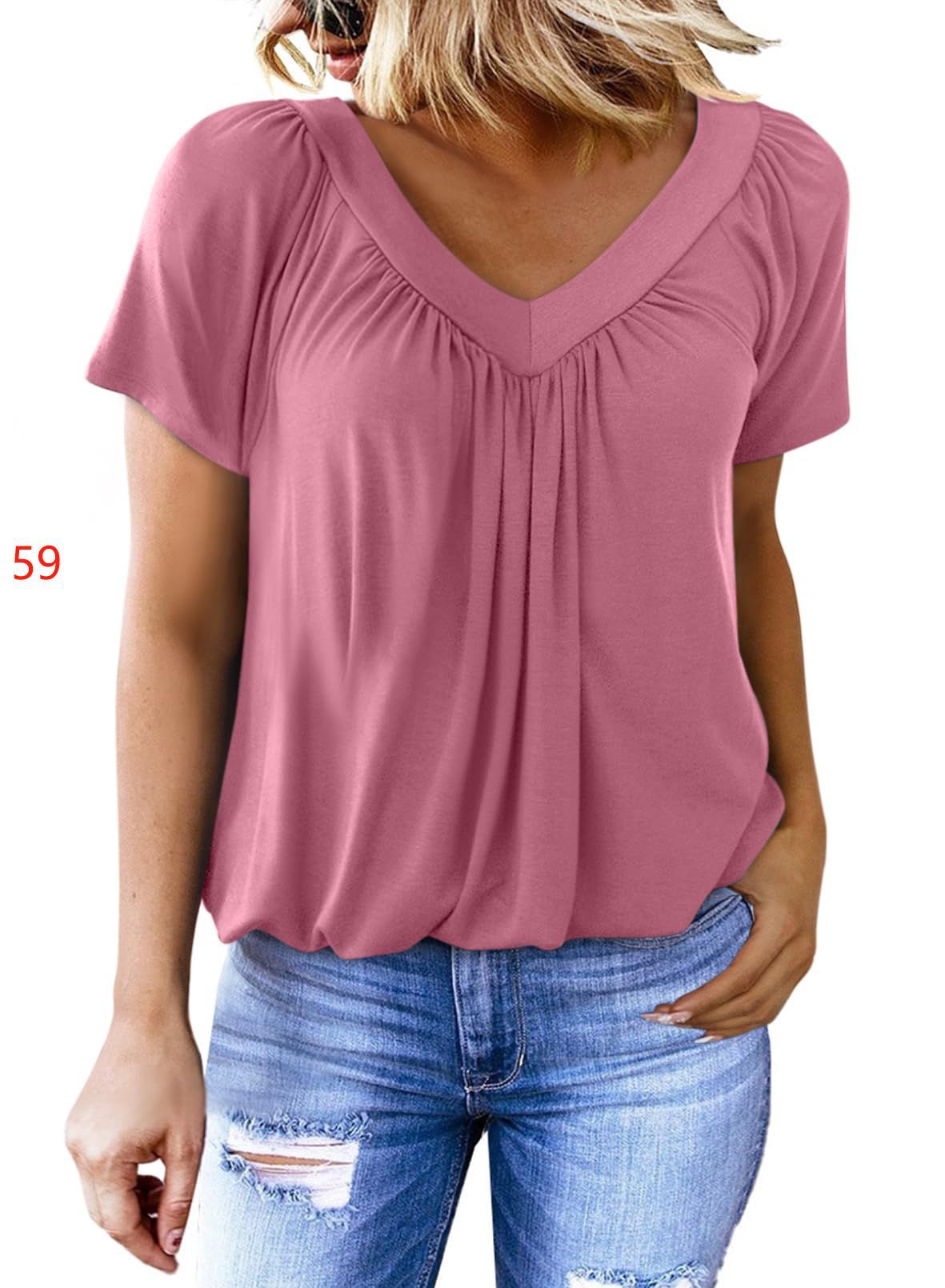 🌸Muttertagsaktion 50% Rabatt🌸Lässiges Damen-Top mit plissiertem V-Ausschnitt und kurzen Ärmeln