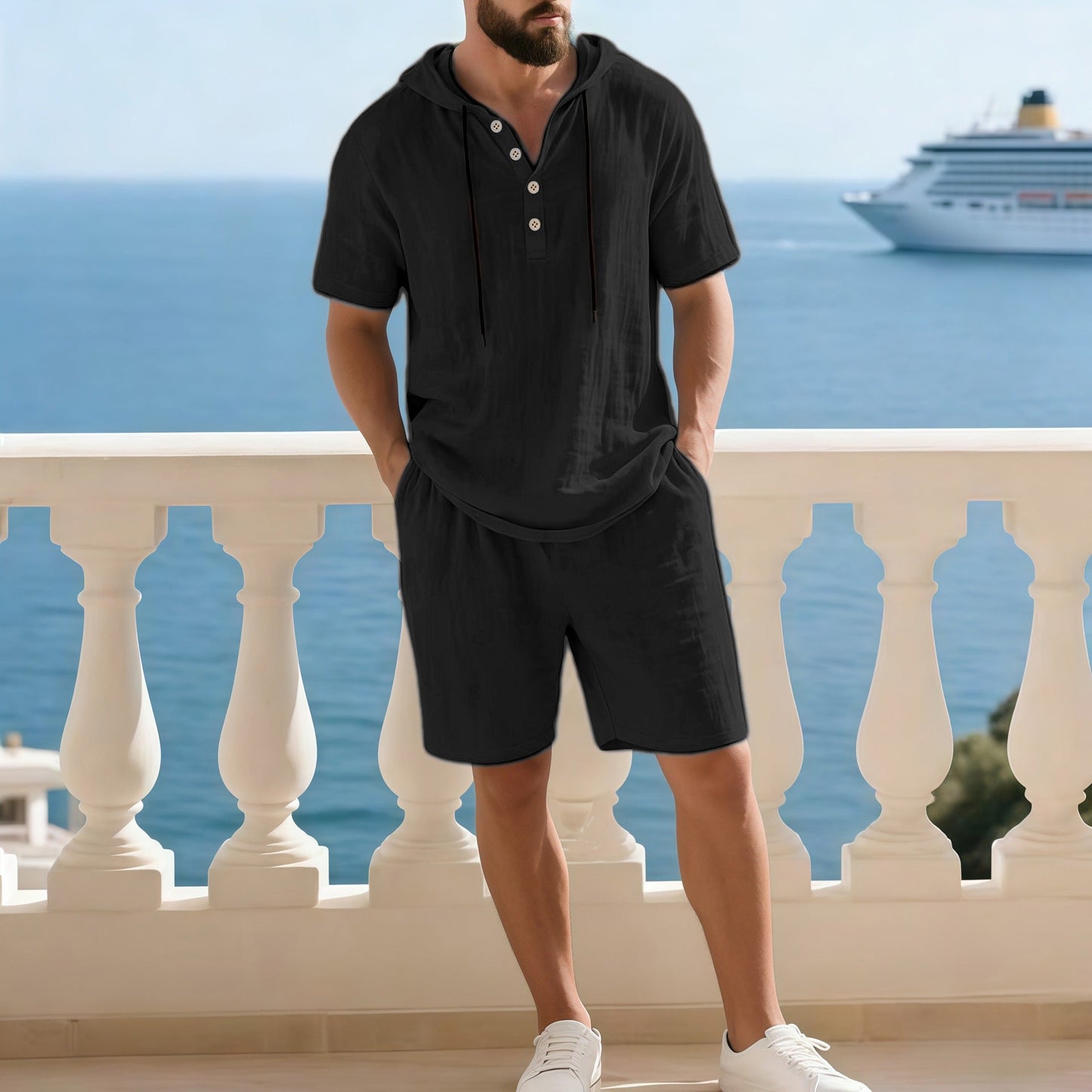 🏝️ Modisches Strand- & Freizeit-Outfit – Leichtes Herren-Set mit Kapuze, ideal für Urlaub & Alltag!