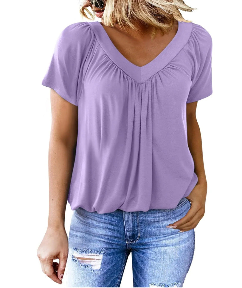 🌸Muttertagsaktion 50% Rabatt🌸Lässiges Damen-Top mit plissiertem V-Ausschnitt und kurzen Ärmeln