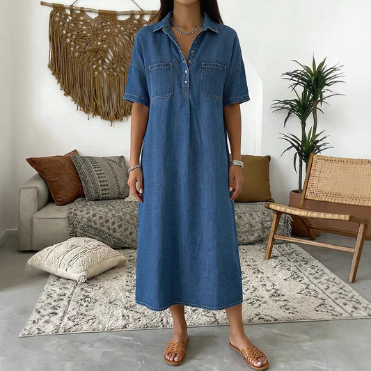 ☀️ LETZTER TAG ANGEBOT! Lässiges Kurzarm Denim Hemdkleid – Figurfreundlicher weiter Schnitt, praktische Taschen für warme Sommertage
