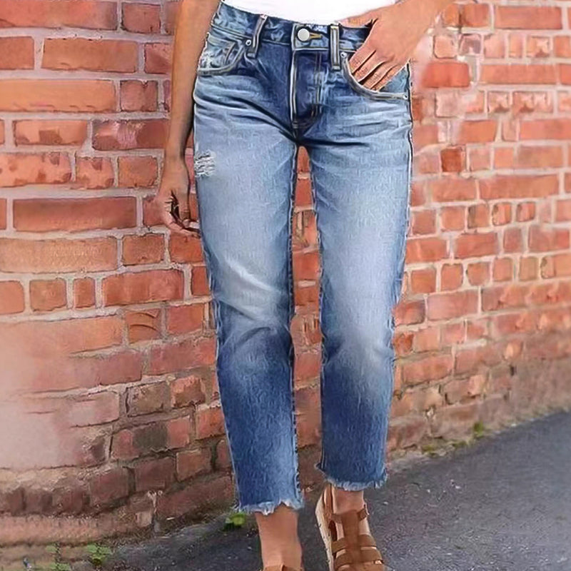 👖 Modische Slim-Fit-Jeans im Used-Look – Damen Denim mit Fransen & bequemem Schnitt!