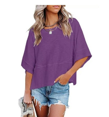 👕 LIMITIERTER 50% RABATT! Einfarbiges Patchwork-T-Shirt für Damen – Lockerer Schnitt, weite 5-Punkt Trompetenärmel, 3 Trendfarben