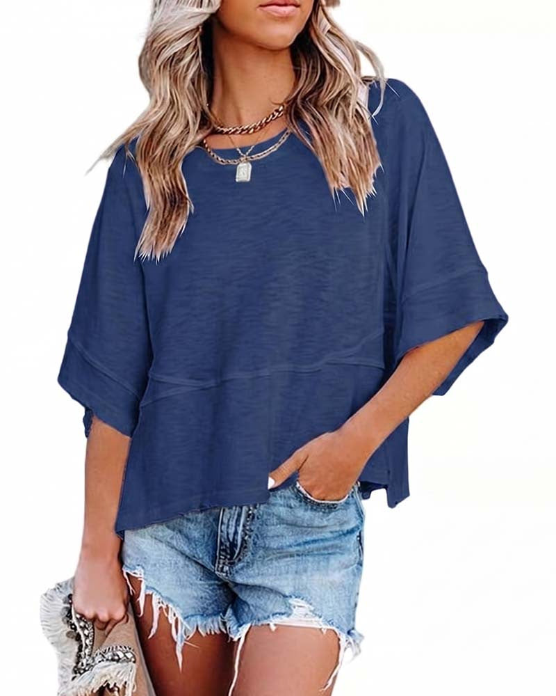👕 LIMITIERTER 50% RABATT! Einfarbiges Patchwork-T-Shirt für Damen – Lockerer Schnitt, weite 5-Punkt Trompetenärmel, 3 Trendfarben