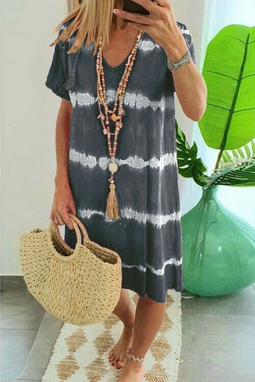 Batik-Streifen Kurzarm Loose T-Shirt-Kleid