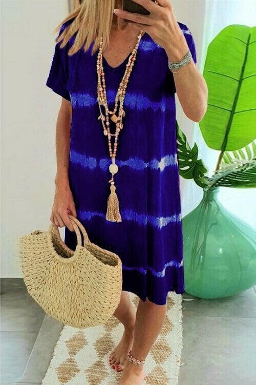 Batik-Streifen Kurzarm Loose T-Shirt-Kleid