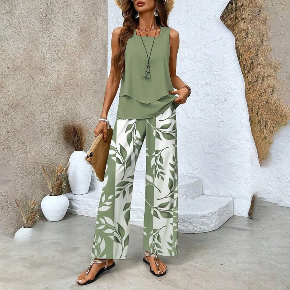 🌿 50 % RABATT FÜR BEGRENZTE ZEIT! 🩱 Damen 2-Teiler Sommer-Set – Ärmelloses Top mit asymmetrischem Saum + bedruckte Weitbeinhose, luftig für Urlaub & Alltag 💙