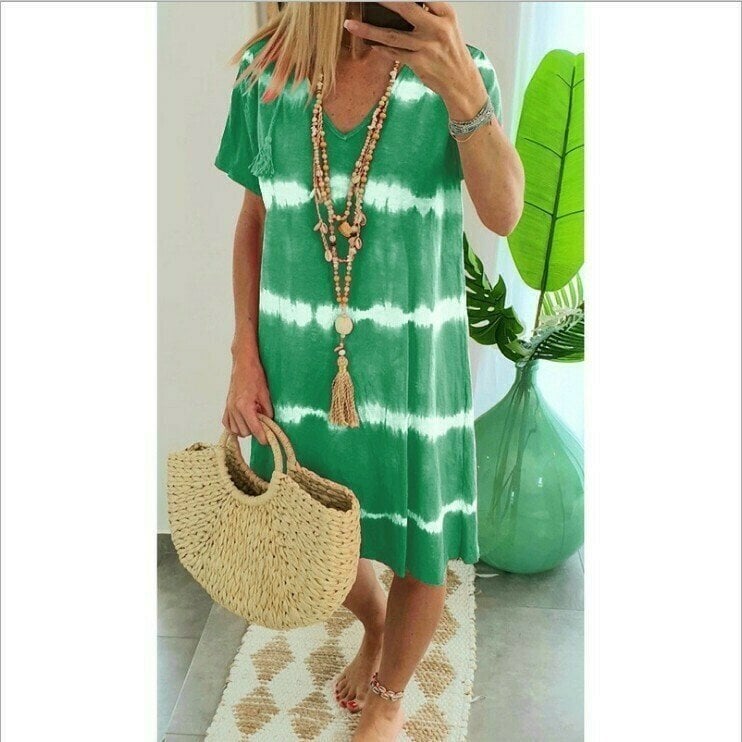 Batik-Streifen Kurzarm Loose T-Shirt-Kleid