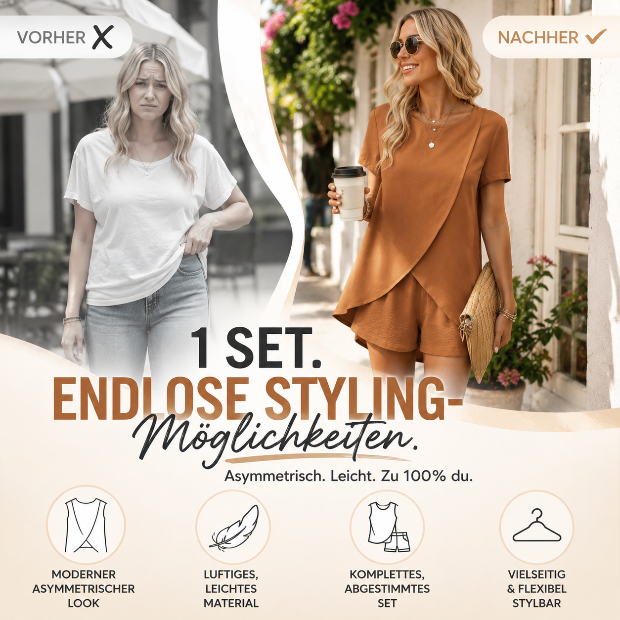 🍂 Einfarbiges Zweiteiler-Set mit asymmetrischem Oberteil & Shorts – Lässig & modern!