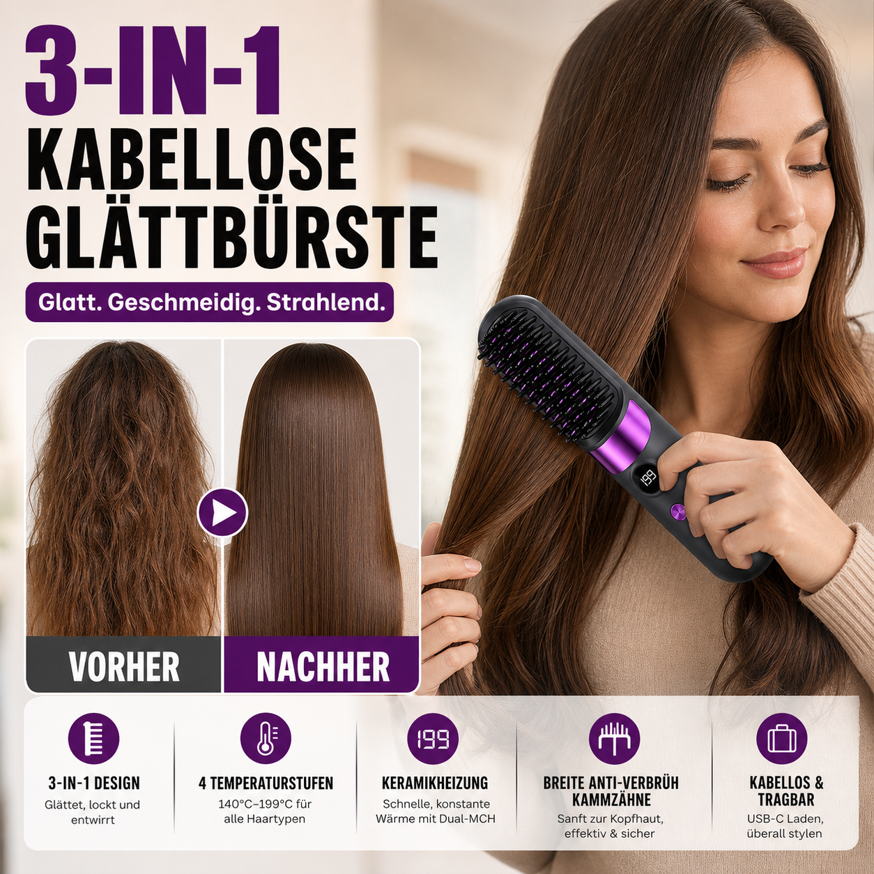 💇‍♀️ LIMITIERTER 50% RABATT! 3-in-1 Kabellose Glättbürste mit Keramikheizung – 4 Temperaturstufen, USB-C Aufladung zum Glätten, Locken & Entwirren unterwegs