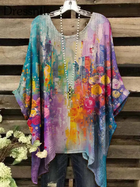 Damen-Ölgemälde Blumen druck Vintage Top