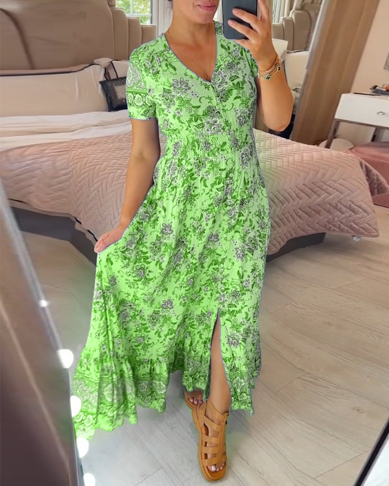 💃Heiss 50% Rabatt🔥Kostenloser Versand - Bequemes V-Ausschnitt Blumenkleid🌷