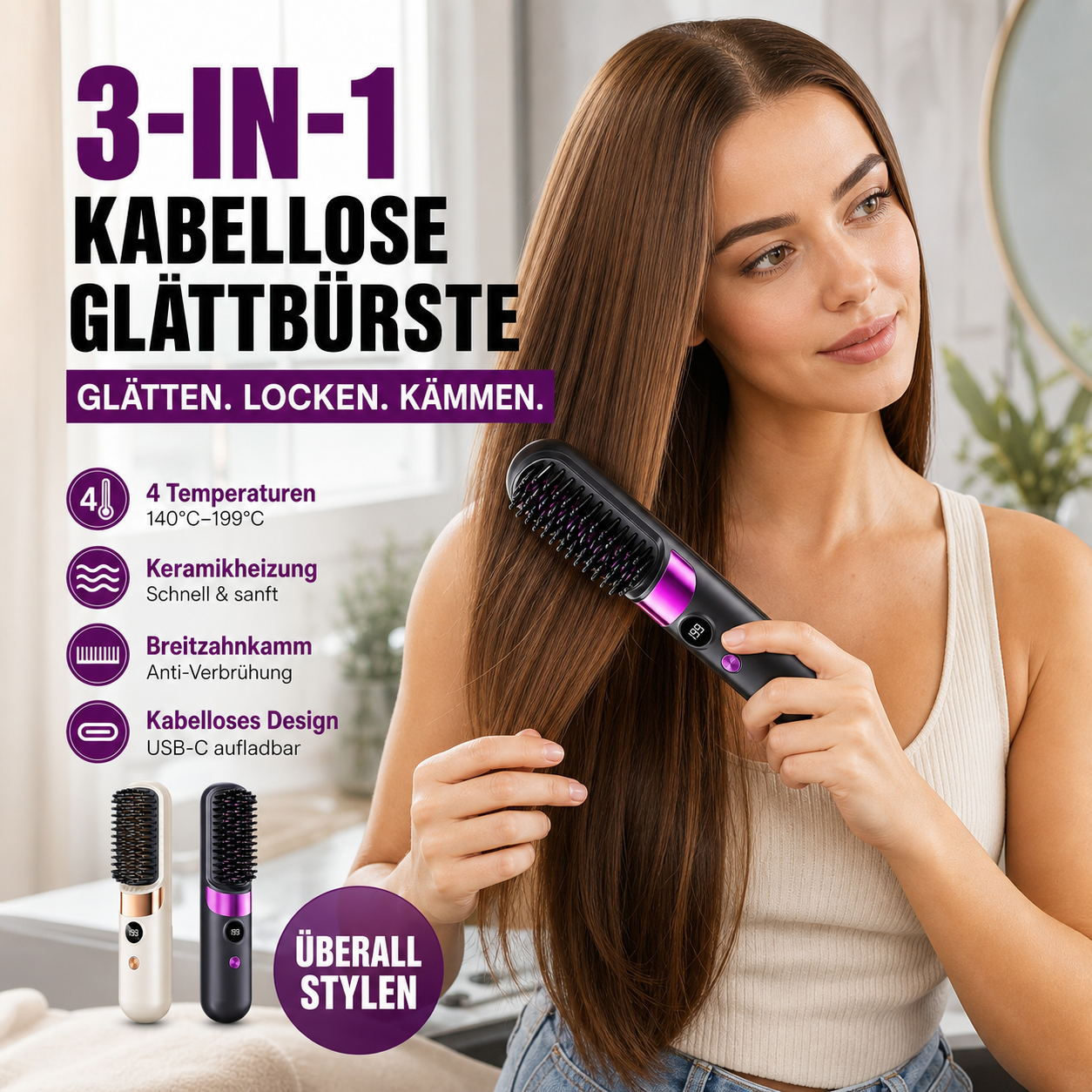 💇‍♀️ LIMITIERTER 50% RABATT! 3-in-1 Kabellose Glättbürste mit Keramikheizung – 4 Temperaturstufen, USB-C Aufladung zum Glätten, Locken & Entwirren unterwegs