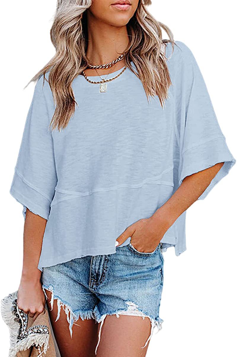 👕 LIMITIERTER 50% RABATT! Einfarbiges Patchwork-T-Shirt für Damen – Lockerer Schnitt, weite 5-Punkt Trompetenärmel, 3 Trendfarben
