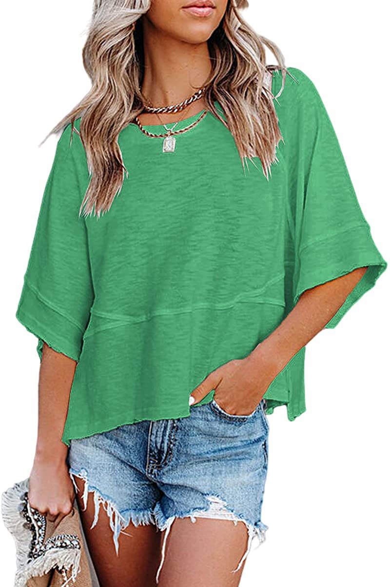 👕 LIMITIERTER 50% RABATT! Einfarbiges Patchwork-T-Shirt für Damen – Lockerer Schnitt, weite 5-Punkt Trompetenärmel, 3 Trendfarben
