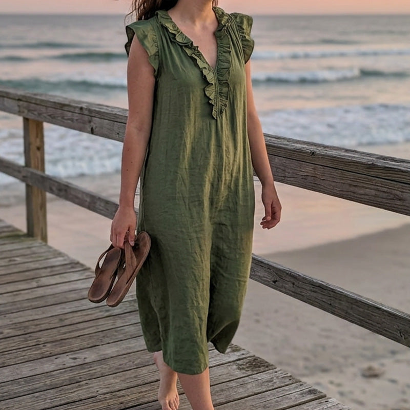 🌿✨ 50% Rabatt! Luftiges Casual Maxikleid mit V-Ausschnitt & Rüschen – Sommerlich, Leicht & Vielseitig für Freizeit & Urlaub