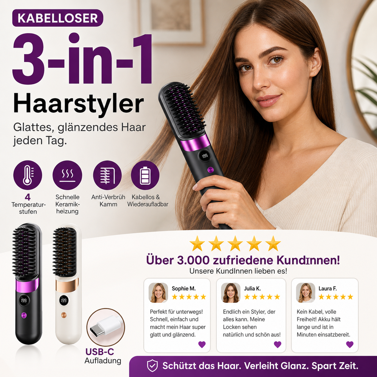 💇‍♀️ LIMITIERTER 50% RABATT! 3-in-1 Kabellose Glättbürste mit Keramikheizung – 4 Temperaturstufen, USB-C Aufladung zum Glätten, Locken & Entwirren unterwegs